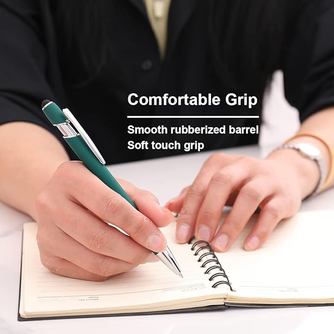 Ballpoint Pen with Stylus Tip, Soft Touch Click Metal Pen, 1.0mm Medium Point, Black Ink, 12 Count(Dark Green)