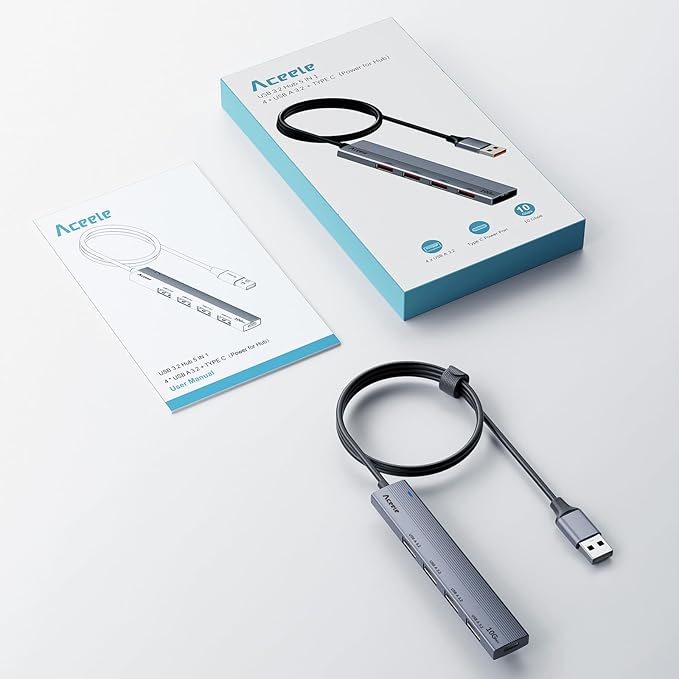 Aceele 10Gbps USB 3.2 Hub with 4 USB A 3.2 Ports, USB 3.2 Gen 2 Splitter with 4ft Extented Long Data Cable and Type-C Power Port, for Chromebook,Surface Pro 3,iMac,PS4 Flash Drive Data and More