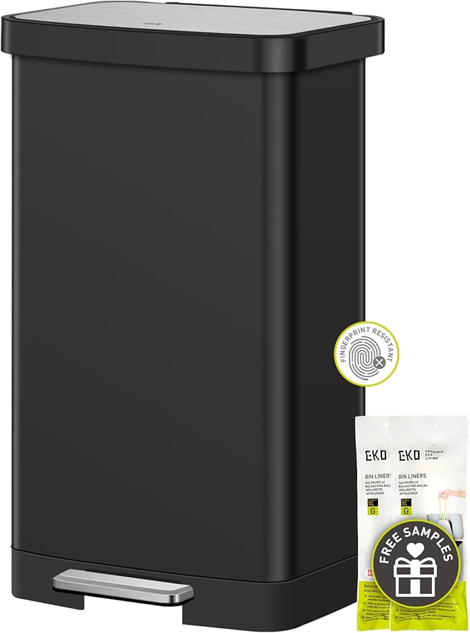 EKO Hudson Matte Stainless Steel 75 Liter/20 Gallon Large Kitchen Trash Can, Tall Step Garbage Can with Rear Bag Storage Compartment (Matte Black)