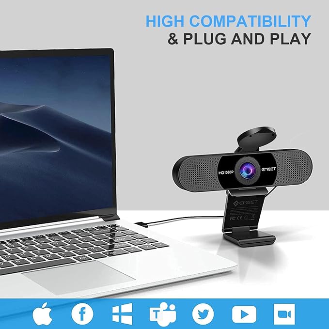 EMEET 1080P Webcam with Microphone, C960 Web Camera, 2 Mics Streaming Webcam, 90°FOV Computer Camera, Plug and Play USB Web Cam for Online Calling/Conferencing, Zoom/Teams/Facetime/YouTube, Laptop/PC