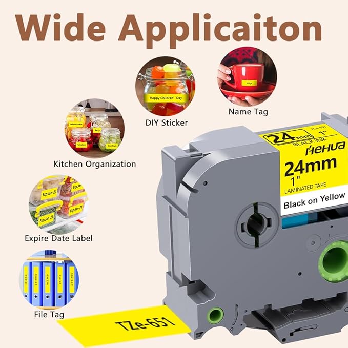 Hehua 24mm 0.94 Black on Yellow Laminated Tape Compatible for Brother P-Touch TZe-651 TZe651 TZ-651 TZ651 Label Maker Tape for Ptouch PT D600 D610 P710BT, 1'' x 26.2ft, 3 Pack