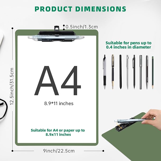 Clipboard with Pen Holder, Plastic Clipboard with Low Profile Metal Clip, Hanging Clip Boards Holds 8.5x11 Inch Papers, Standard A4 Letter Size Clip Boards for Offices & School, Green