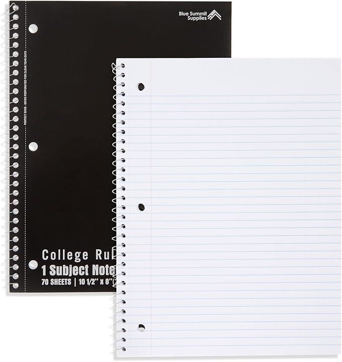 Blue Summit Black Spiral Notebooks Bulk, One Subject Spiral Notebook College Ruled, Perforated Notebook, 8 x 10.5 for Work and School, Paper, College Ruled, Bulk 48 Pack