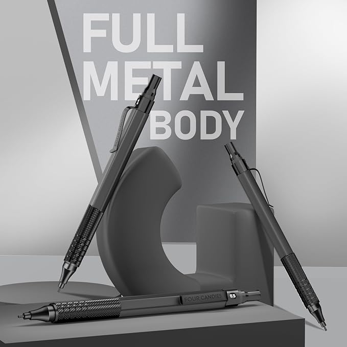 Four Candies 0.5mm Mechanical Pencil Set with Case, 3PCS Metal Artist Lead Pencil with 8 Tubes (480PCS) HB Lead Refills, 3 Erasers, 9 Eraser Refills For Engineer Art Writing Drawing Drafting, Black