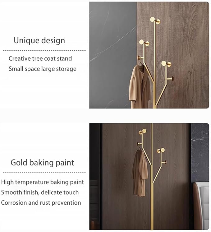 Gold Coat rack,Sturdy coat tree freestanding heavy duty with Marble Base,Metal standing coat rack for Bedroom,Entrance,Modern coat hanger stand for Coats,Hats,Bags(gold)