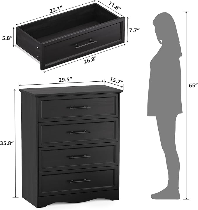 Black Dresser for Bedroom, Farmhouse 36" Tall 4 Drawer Chest with Sleek Brushed Metal Handles, Modern Wood Storage Cabinet with Unique Base Design, Closet Organizer for Bedroom, Living Room, Hallway