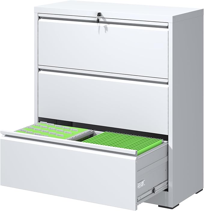 File Cabinets 3 Drawer,Metal Office Storage Filing Cabinet with Lock,White Lateral Filing Cabinet for Home Office,Horizontal Locking File Cabinets for Legal/Letter/A4,Assembly Require,White