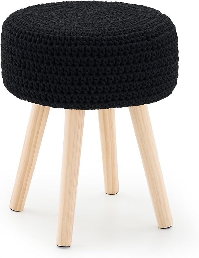 Cotton Knitted Ottoman Round Vanity Stool Modern Footstool Ottoman Footrest with Non-Skid Wood Legs for Living Room Bedroom Black