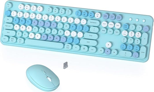 Colorful Wireless Keyboard and Mouse Combo, COVEVA 2.4GHz Wireless Retro Cute Round Keycaps Keyboard, 104 Keys Full-Sized Keyboard Mouse Set with Switch Button for PC Laptop Desktop (Blue Colorful)