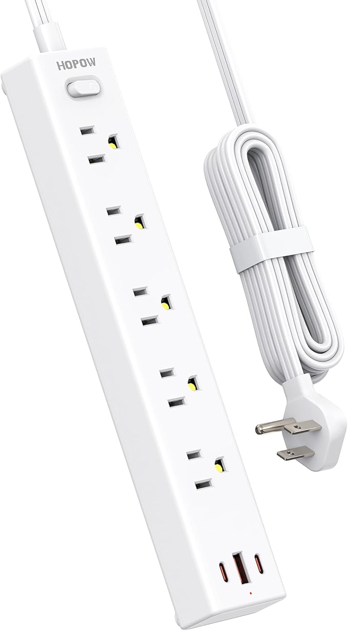 Flat Plug Power Strip, 6 Ft Ultra Thin Flat Extension Cord, Surge Protector with 5 Outlets & 3 USB Ports (2 USB C), 1700 Joules, Wall Mount, Desktop Charging Station for Home Office Dorm, White