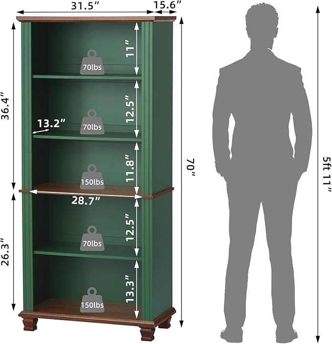 70" Tall Green Bookshelf,5 Tier Wooden Book Shelf with Adjustable Shelves & Wood Legs,Free Standing Farmhouse Bookcase with Open Display Storage,Vintage Bookshelves for Library,Classroom
