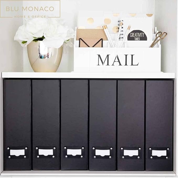 Blu Monaco Foldable Black Magazine File Holder with Leather Label Holder - Set of 6 Cardboard Magazine File Boxes Desk File Organizer