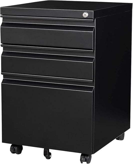 3 Drawer File Cabinet with Wheels, Metal Filing Cabinet with Lock, Office Rolling File Cabinets for A4/Legal/Letter Size, Assembly Required, Black