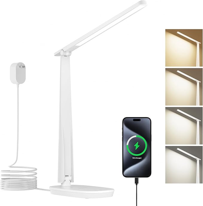 HONEYWELL Desk Lamp for Home Office, Dimmable LED Desk Light with USB A+C Dual Charging, 4 Modes Brightness Touch Lamp with Timer, Eye Caring Foldable Reading Light, Table Lamp for Study Nightstand