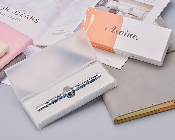 Asvine V169 Vacuum Filling Fountain Pen Extra Fine Nib, Water Drop Skeleton Transparent Gray Blue Acrylic Pen Case Set