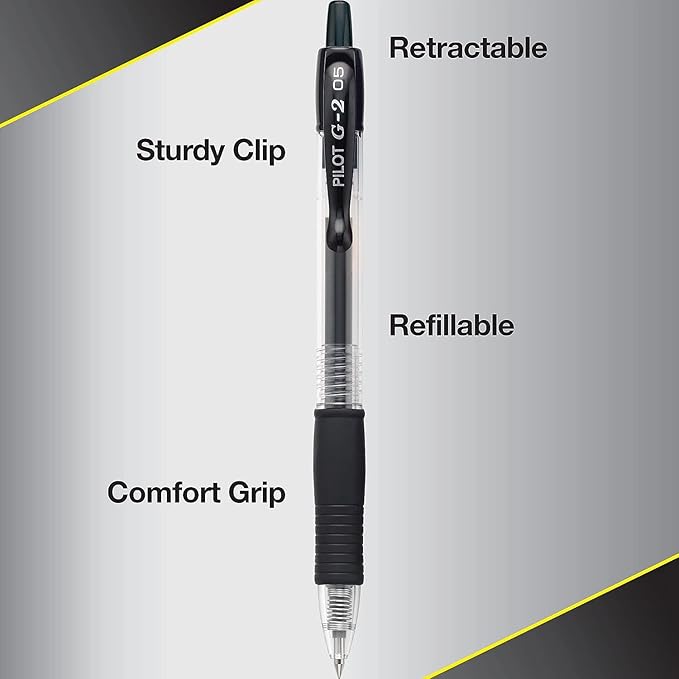 G2 Retractable Premium Gel Ink Roller Ball Pens Extra Fine Point (.5mm) Black Ink 5 pack; Refillable & Premium Comfort Grip Bundle with Plastic Reusable Pouch