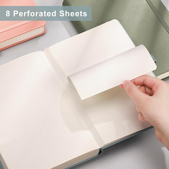 EMSHOI A5 Dotted Journal - 256 Pages with 120gsm Thick Dot Grid Paper, Hardcover Leather Dotted Notebook, 16 Perforated Pages, Pen Loop & Inner Pocket, for Bullet Journaling, 5.75” x 8.38”, Blue