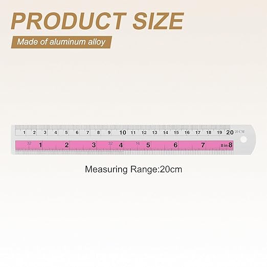HARFINGTON 6pcs Metal Straight Ruler 20cm Metric SAE Aluminum Alloy Measuring Rulers Scale Tools with Hole for Measure Study Reading Classroom Office, Pink