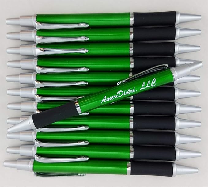 ezpencils - Personalized - Elegant Tip and Click Silver Accents on Green Solid Color Body and Black Grip - Bullet Ballpoint Pens - 12 pkg - ** FREE PERZONALIZATION **
