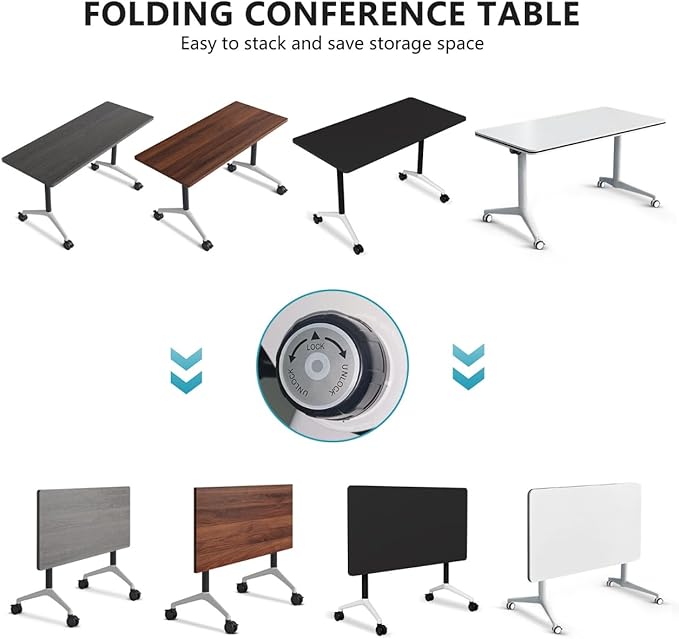 Conference Room Table, Folding Conference Tables,Thicken Grey Tabletop,Flip Top Wooden Seminar Meeting Room Table for Conference Room Offices (8, Black+White, 55.1”)