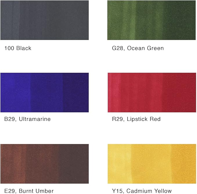 Copic Sketch Alcohol Markers, 6 Color Dual Tip Art Marker Set – Blendable Brush Tips for Drawing, Sketching, and Illustration – Professional Set for Adults/Teen Artists & Creators - Bold Primaries