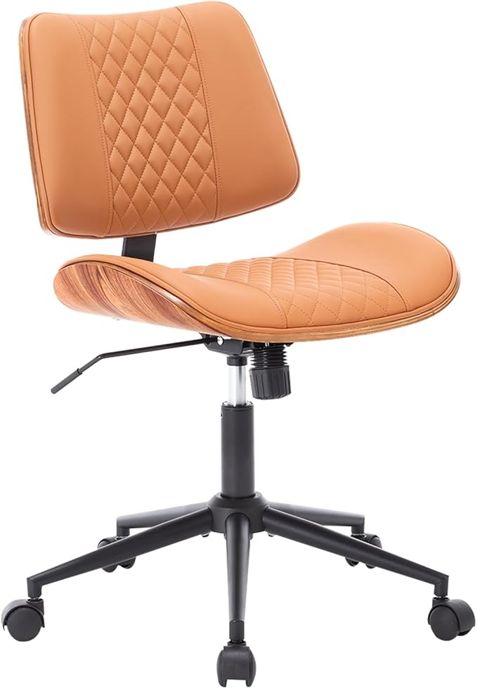 Home Office Chair No Arms with Wheels, Adjustable Height PU Leather Mid Back, 360 Swivel Computer Small Desk Chair, Armless Modern Walnut Style for Office, Reading Meeting Room(Brown)
