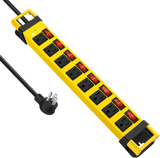 Heavy Duty Power Strip with Individual Switches,8 Outlets 14 Gauge Industrial Shop Garage Metal Multiple Outlets,1200J Surge Protector Mountable Power Strip,15FT Extension Cord Management (Yellow)