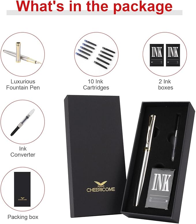 Cheericome Fountain Pen - Luxury Fountain pen set for Men & Women - Ink Pen for Smooth Writing - Fountain Pen Fine Nib，Includes 10 Ink Cartridges and Ink Refill Converter - Silver
