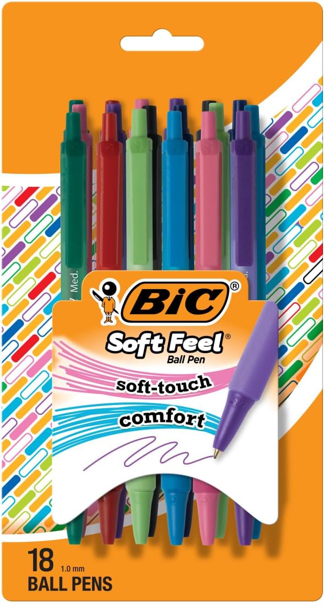 BIC Soft Feel Retractable Ballpoint Pen with 1.0 mm Medium Point and Comfortable Grip, 18-Count in Assorted Ink Colors