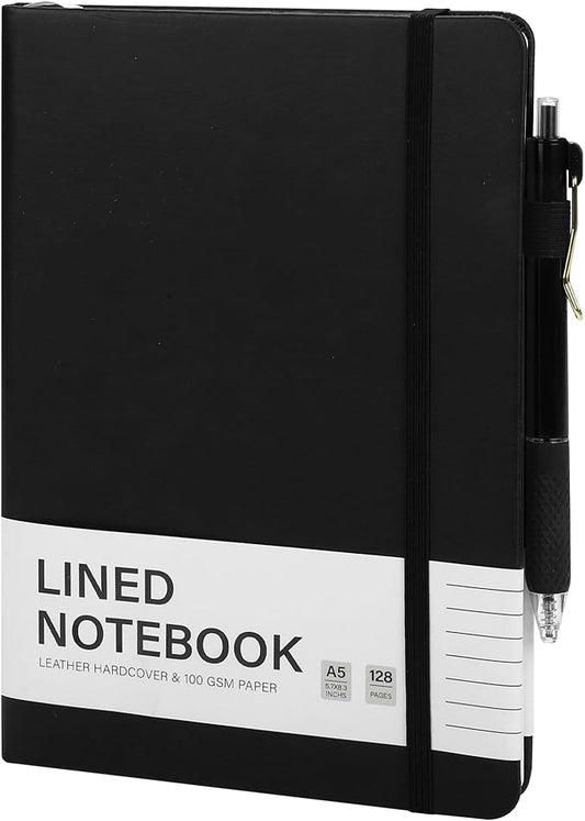 Aodaer Lined Notebook Journal with Pen A5 Notebooks 100 GSM College Ruled Hardcover Notebook PU Leather Notepad with Pen Holder for Office School, 5.7 x 8.3 Inches, Black