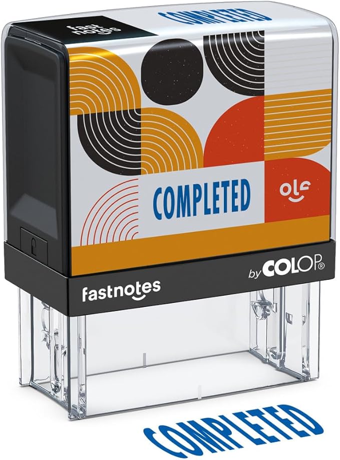 Fastnotes Completed Self-Inking Rubber Stamp by COLOP - Great for Office Documents, Notary, Warehouse, Accounting Paperwork, Business, and Legal Documentation - Blue Ink (Completed- Blue)