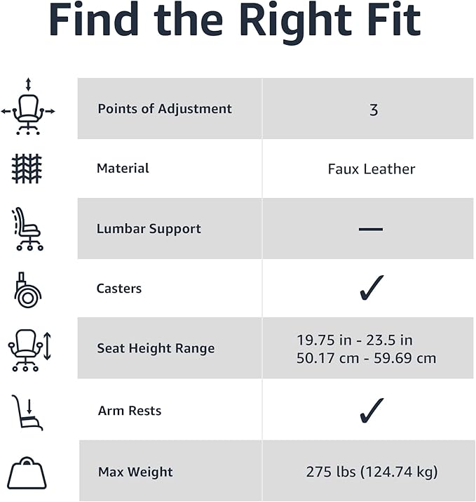 Amazon Basics Classic Puresoft PU Padded Mid-Back Height Adjustable Office Computer Desk Chair with Armrest, 25.75"D x 24.25"W x 42.25"H, Brown