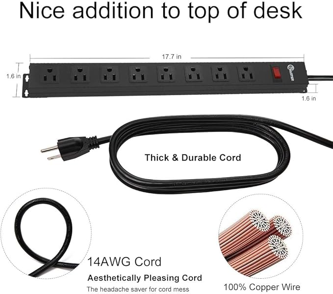 8 Outlets Metal Heavy Duty Power Strip with 12 Ft 14AWG Power Cord,Wide Spaced Outlets,Wall Mount Long Power Strip for Commercial,Industrial,School,Garage,Home,15A 125V 1875W,Black (12FT)