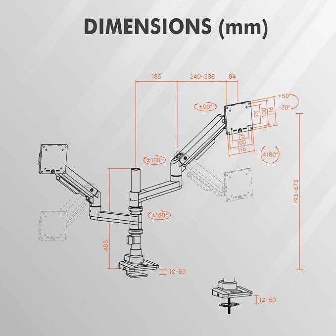 Dual Monitor Arm for 17-49 Inch Ultrawide Screens – Heavy Duty Monitor Arm Desk Mount – VESA Mount with Clamp and Grommet Base – Holds Up to 44 lbs. Each