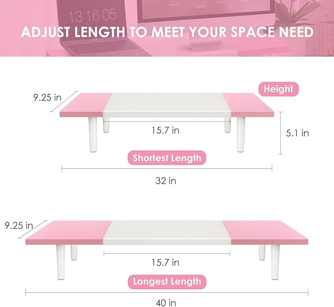 Dual-Monitor-Stand-Riser-For-Desk Adjustable Length 32-40 Inch，Large Desktop Computer Monitor Riser For 2 Screens，Desk Shelf Organizer Riser Stand For Computer/Laptop/PC/Printer/TV
