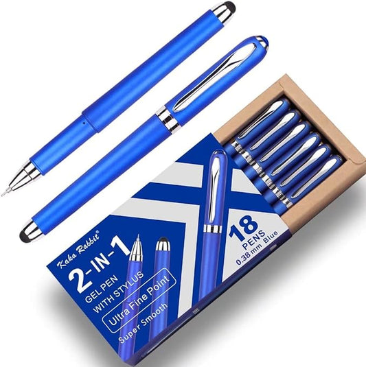 Gel Ink Rollerball Stylus Pen - 18 Pack,0.38mm Gel Pen Extra Fine Point,2 in 1 Capacitive Stylus Pen,Blue Ink,Writing Smoothly for Office,Business,Gift,Metal Silver Clip