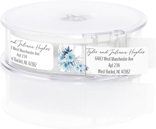 Blue Floral Rolled Address Labels / 500 Personalized Return Address Labels/Designer Address Stickers in Elegant Plastic Dispenser