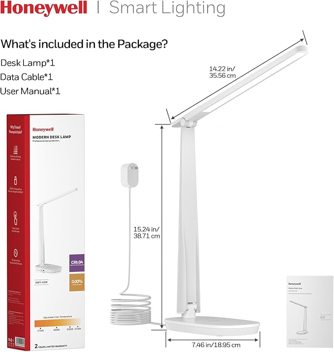 HONEYWELL Desk Lamp for Home Office, Dimmable LED Desk Light with USB A+C Dual Charging, 4 Modes Brightness Touch Lamp with Timer, Eye Caring Foldable Reading Light, Table Lamp for Study Nightstand