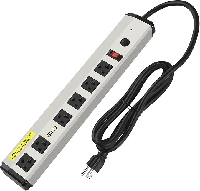 CCCEI Heavy Duty Power Strip Surge Protector 20 Amp, High Amp Industrial Shop Garage Metal Multiple Outlets, 6 FT 12 Gauge 5-15P Extension Cord 6 Outlet 6-20R T-Slot 20a for Appliance.
