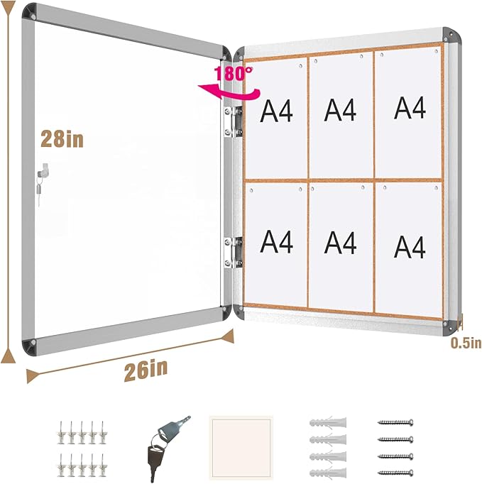 28"x26" Enclosed Bulletin Board, Lockable Weather-Resistant Aluminum Cork Noticeboard for School & Office, Silver Frame w/Cork