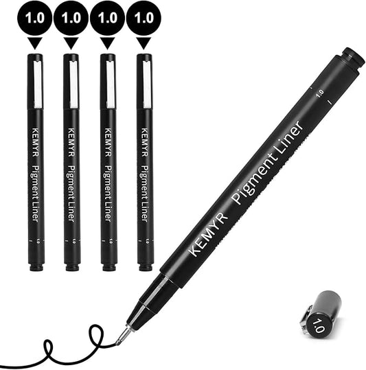 4 Micro Fine liner Drawing Art Pens Calligraphy Pens: 1.0mm Size Black Art supplies Waterproof Archival Black Ink Markers For Artists,Use for Professional Watercolor,Sketching