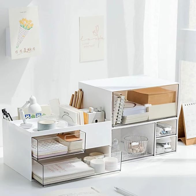 Desk Drawer Organizer, Desk Storage Box with 2 Drawers and 4 Compartments, Multifunctional Desk Accessories & Countertop Organizers for Office School Home (White