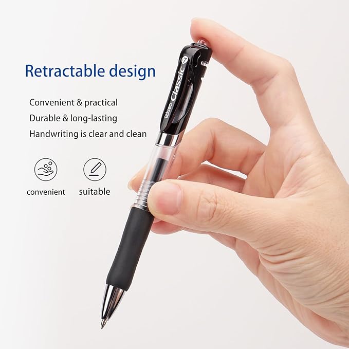Classic Retractable Gel Roller Pens, 0.7mm Fine Point (Black Ink- 12 Packs)