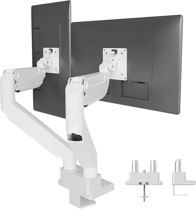 Claiks Dual Monitor Mount for Max 35 inch Screens Stand up to Max 89 lbs, Ergonomic Gas Spring Heavy-Duty Adjustable Monitor Arm, with Clamp and Grommet Base, VESA Mounting Holes 75&100mm, White