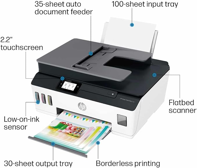 HP Smart -Tank Plus 651 Wireless All-in-One Ink -Tank Printer, up to 2 Years of Ink in Bottles, Auto Document Feeder, Mobile Print, Scan, Copy,, Fax, Works with Alexa (7XV38A)