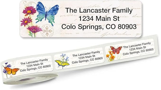Butterflies & Flowers Rolled Personalized Return Address Mailing Labels with Dispenser, Set of 500, 5 Designs, Small ¾ x 2½ Inch Size, Custom Self-Adhesive Sticker Roll, by Colorful Images