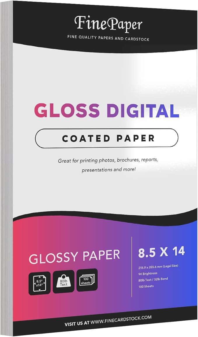 Gloss Digital Paper – Perfect for Color Laser Printing, Design Proposals, Flyers and Brochures | 8.5" x 14" | Glossy 80lb Text (32lb Bond) Paper | 94 Bright | Acid Free, Coated Finish | 100 Sheets