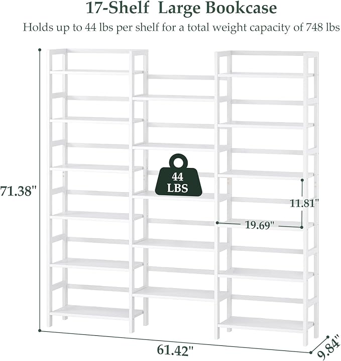 Homykic Bamboo Triple Wide Shallow Bookshelves and Bookcases, 6-Tier 6ft Tall Bookshelf with 17 Open Display Shelves, Super Large Freestanding Book Shelf for Home Office, Bedroom, Living Room, White
