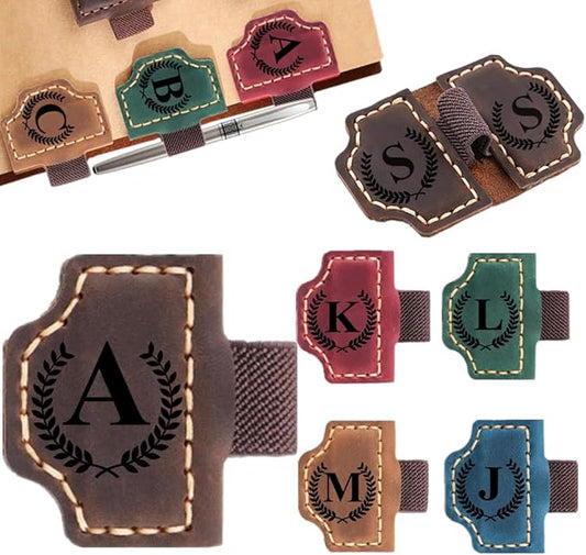 Custom Bookmark with Pen Holder with 26 Letters Personalized Magnetic Leather Book Mark, Customized Name Book Marker Clip with Initial for Men Women, Gifts for Book Lovers, Readers, (Coffee, A)