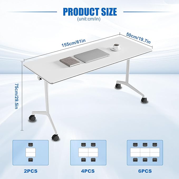 Conference Table, Folding Conference Desk Modern White, Seminar Table with Wheels, 2-10 People for Office, Meeting Break Room(4, 1915, 61IN)